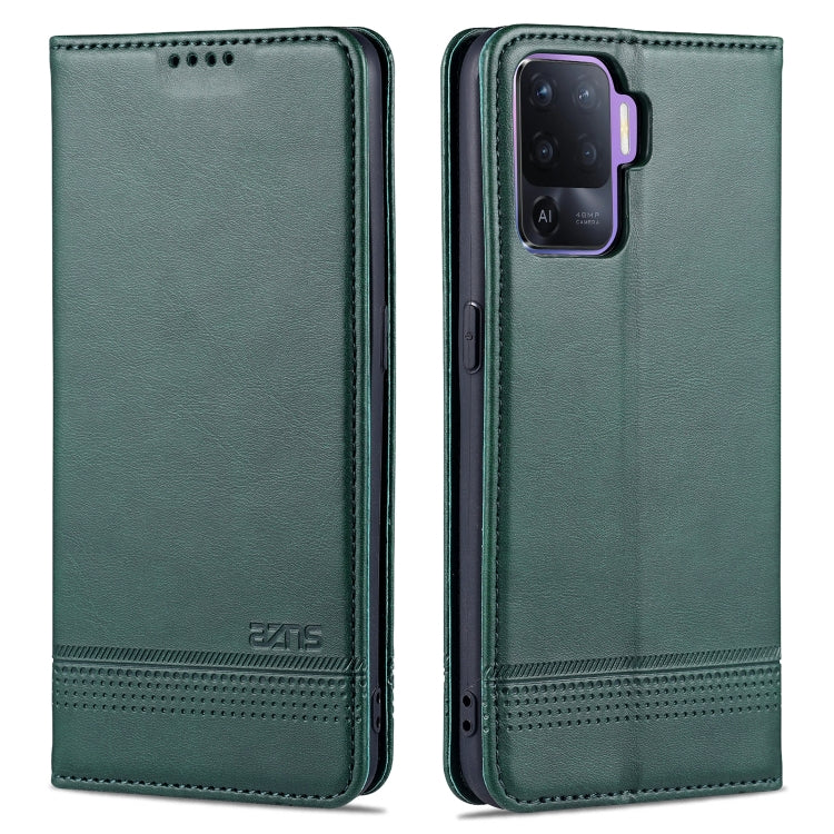 Dark green flip leather phone case with card holder band and camera cutout.