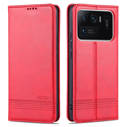 Magnetic flip leather phone case with card slots, red finish and camera cutout