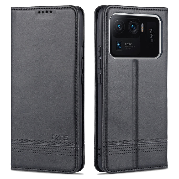 Magnetic flip leather phone case with card slots, black finish with camera opening