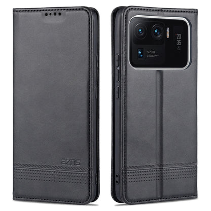 Magnetic flip leather phone case with card slots, black finish with camera opening