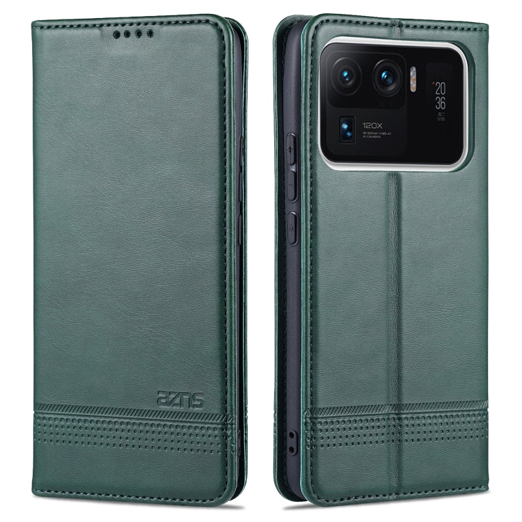 Magnetic flip leather phone case with card slots, dark green finish with stitched borders
