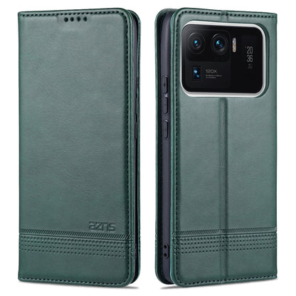 Magnetic flip leather phone case with card slots, dark green finish with stitched borders