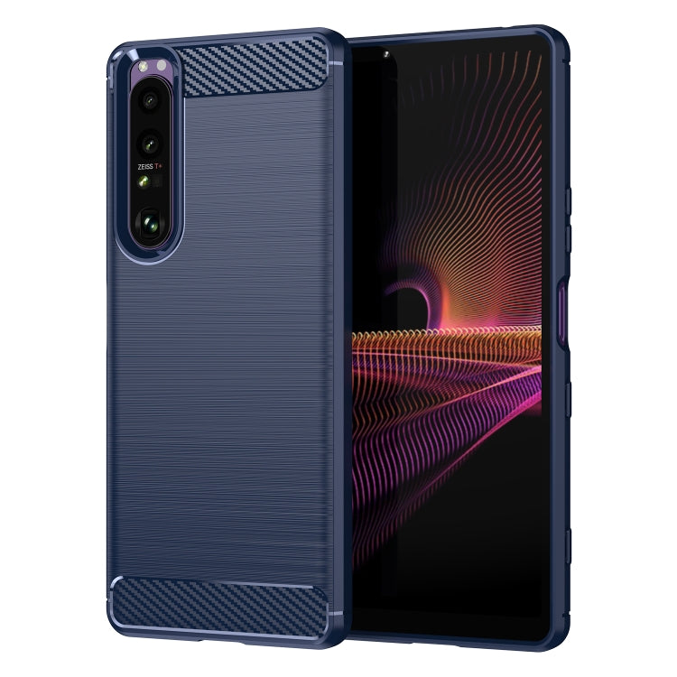 Navy blue brushed TPU phone case with carbon-fiber corner accents and rugged edges