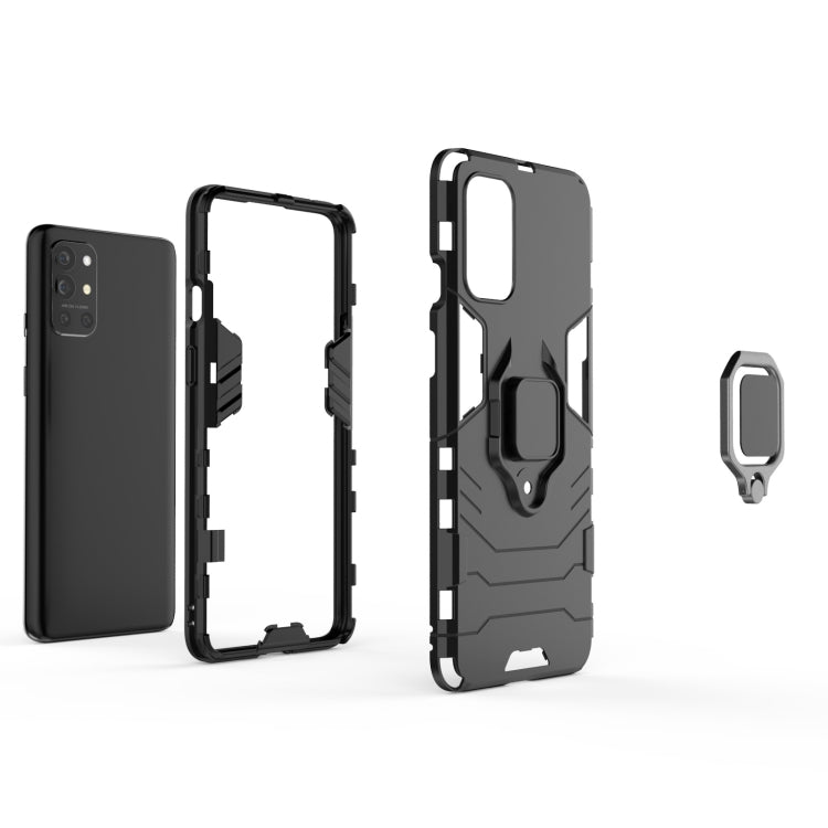 Rugged black shockproof phone case with magnetic ring holder, side and back view