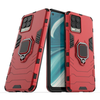 Shockproof protective phone case with magnetic ring holder, red with black accents