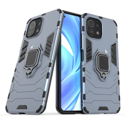 Rugged navy phone case with magnetic ring holder, close front and back view