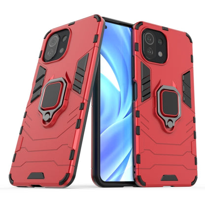 Shockproof protective phone case with magnetic ring holder, red with black accents
