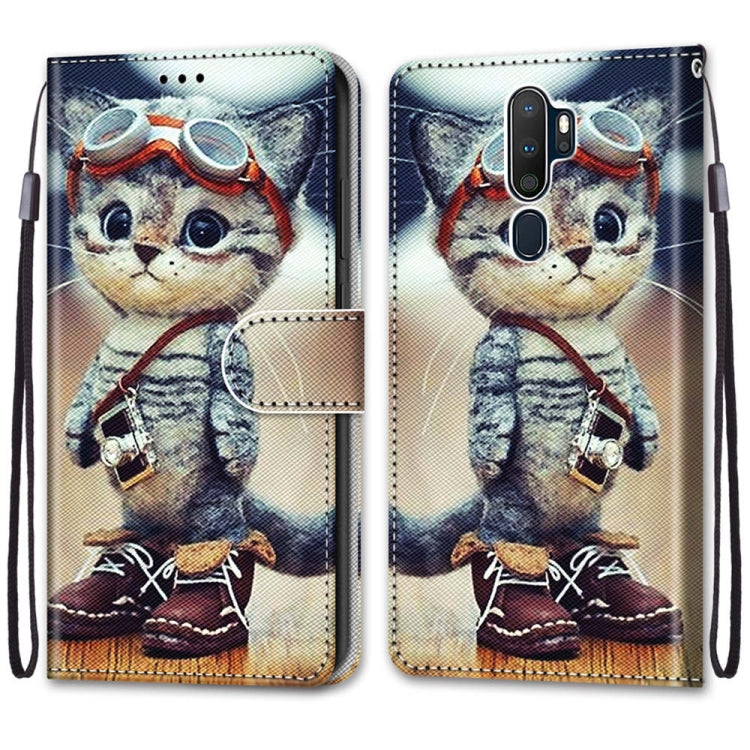 Patterned cat PU leather wallet phone case with card slots, flip cover, and wrist strap
