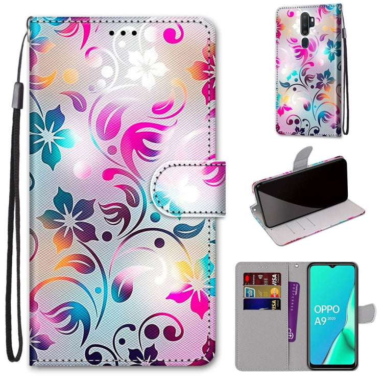 Colorful floral swirl PU leather wallet phone case with card slots, flip cover, lanyard.