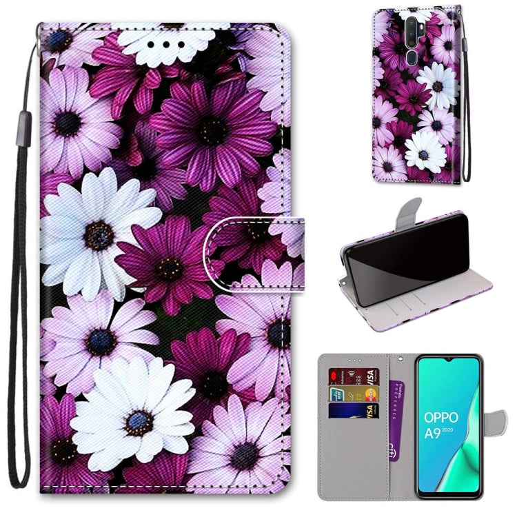 Purple and white daisy flower PU leather wallet phone case with card slots, flip cover, lanyard.