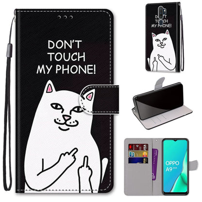 PU leather phone wallet case with lanyard, card slots, black cat graphic with text