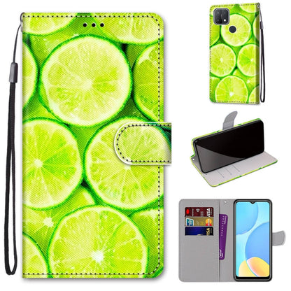 PU leather phone wallet case with lanyard, card slots, bright green lime slice print