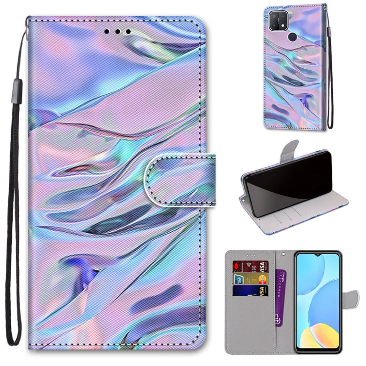 PU leather phone wallet case with lanyard, card slots, iridescent blue-purple wave print