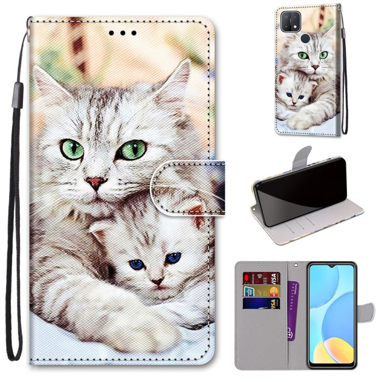 PU leather phone case wallet with card slots and lanyard, white cat illustration
