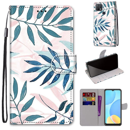 PU leather phone case wallet with card slots and lanyard, teal leaf pattern