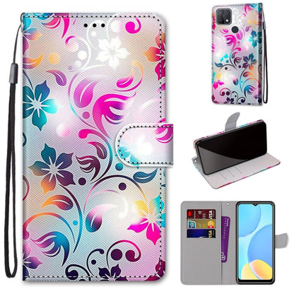 PU leather phone case wallet with card slots and lanyard, colorful floral swirl pattern