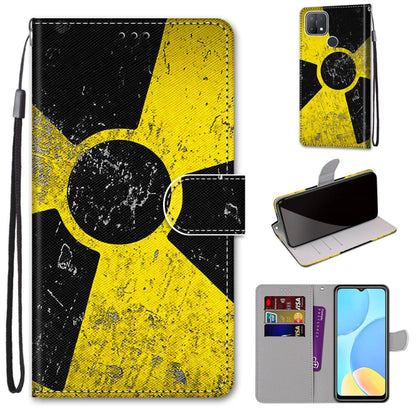 PU leather phone case wallet with card slots and lanyard, black and yellow abstract design
