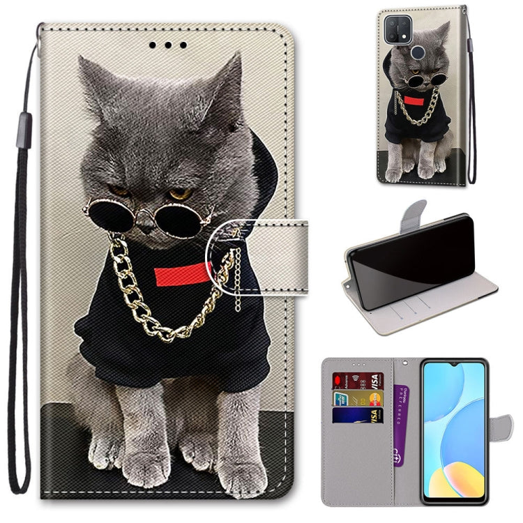 PU leather phone case wallet with card slots and lanyard, gray cat with glasses illustration