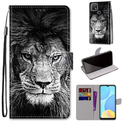 PU leather phone case wallet with card slots and lanyard, black and white lion face