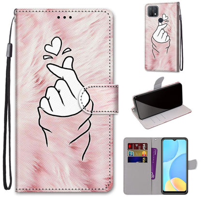 PU leather phone case wallet with card slots and lanyard, pink hand hearts line art
