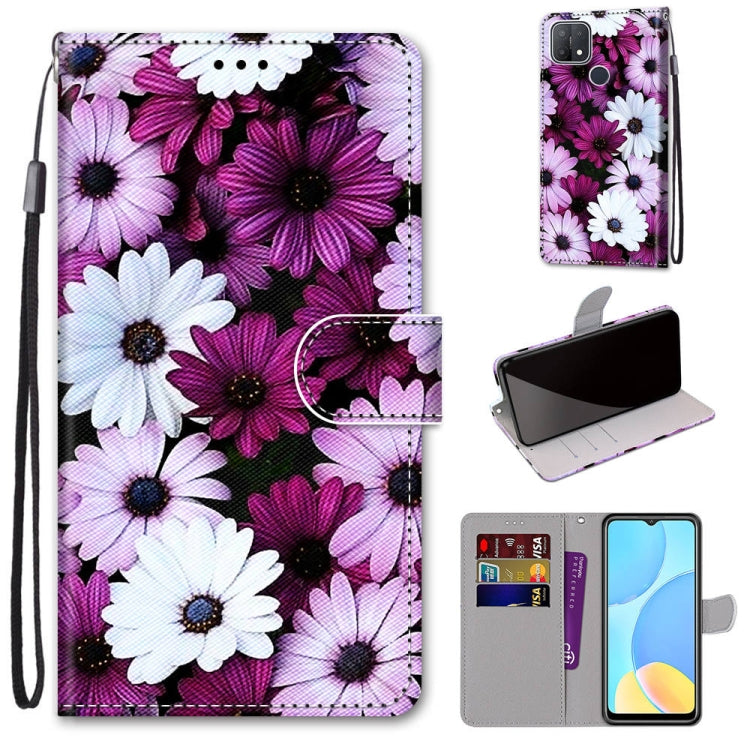 PU leather phone case wallet with card slots and lanyard, purple and white daisy flowers