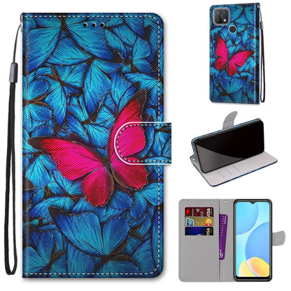 PU leather phone case wallet with card slots and lanyard, blue and red leaf pattern