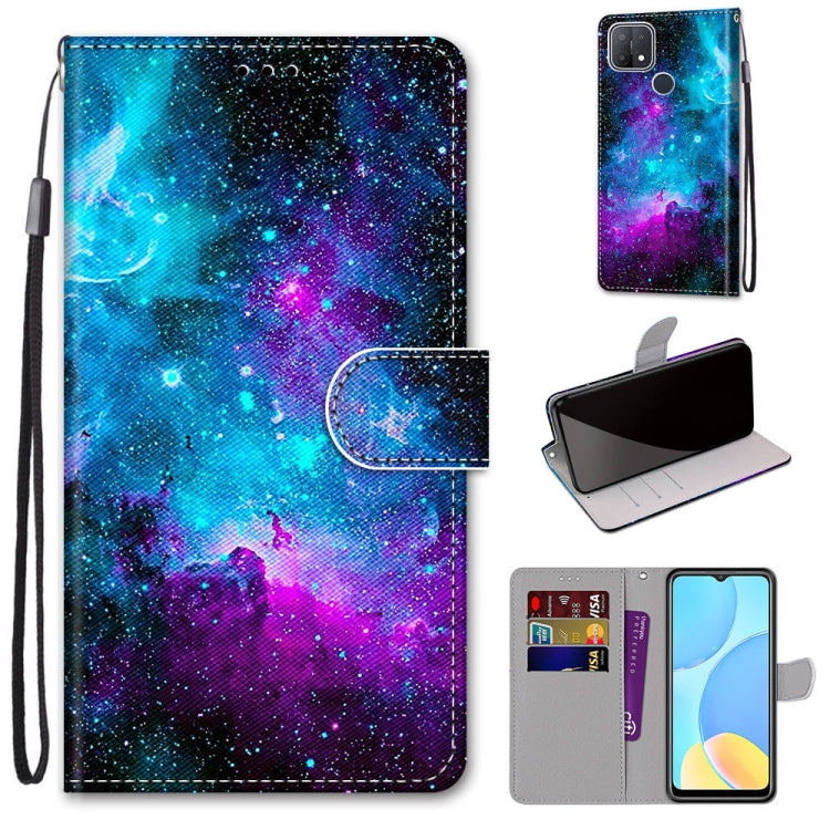 Phone wallet case with flip cover and card slots, galaxy blue purple print, wrist lanyard
