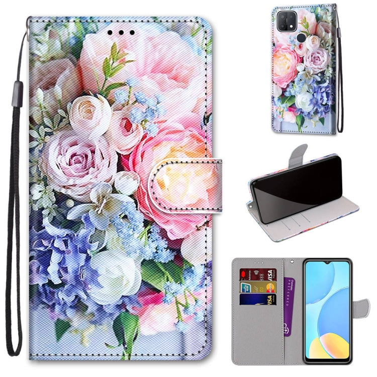 Phone wallet case with flip cover and card slots, colorful rose floral print, wrist lanyard