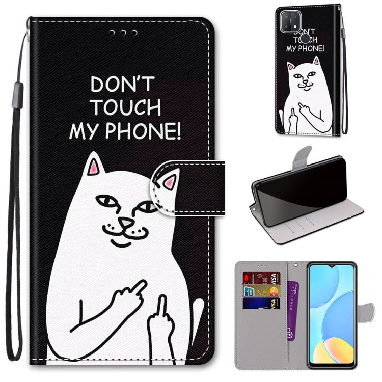 Phone wallet case with flip cover and card slots, black with cat graphic and text, lanyard