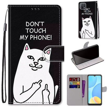 Phone wallet case with flip cover and card slots, black with cat graphic and text, lanyard