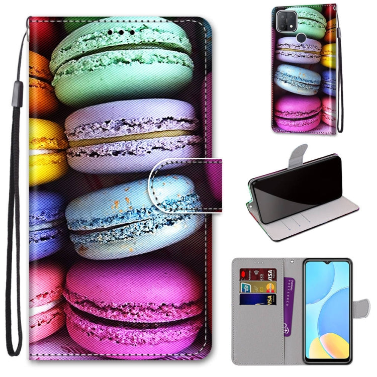 Phone wallet case with flip cover and card slots, colorful macaron print, wrist lanyard