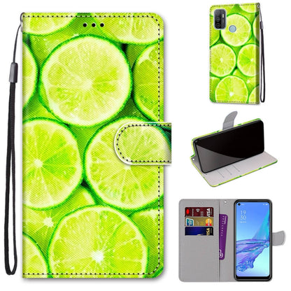 Phone wallet case with flip cover and card slots, bright green lime slices print