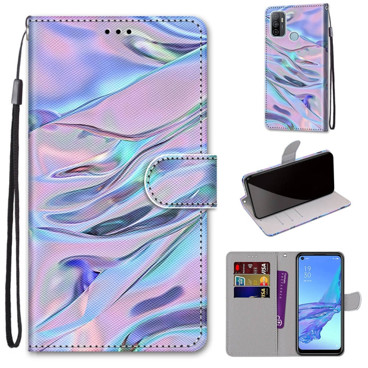 Phone wallet case with flip cover and card slots, blue pink wave abstract print, wrist lanyard