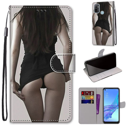 Phone wallet case with flip cover and card slots, black lingerie silhouette print, wrist lanyard