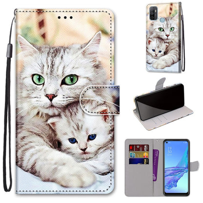 Cat illustration PU leather wallet phone case with holder, wrist strap, card slots