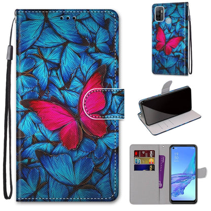 Blue and pink leaf pattern PU leather wallet phone case with holder, wrist strap, card slots