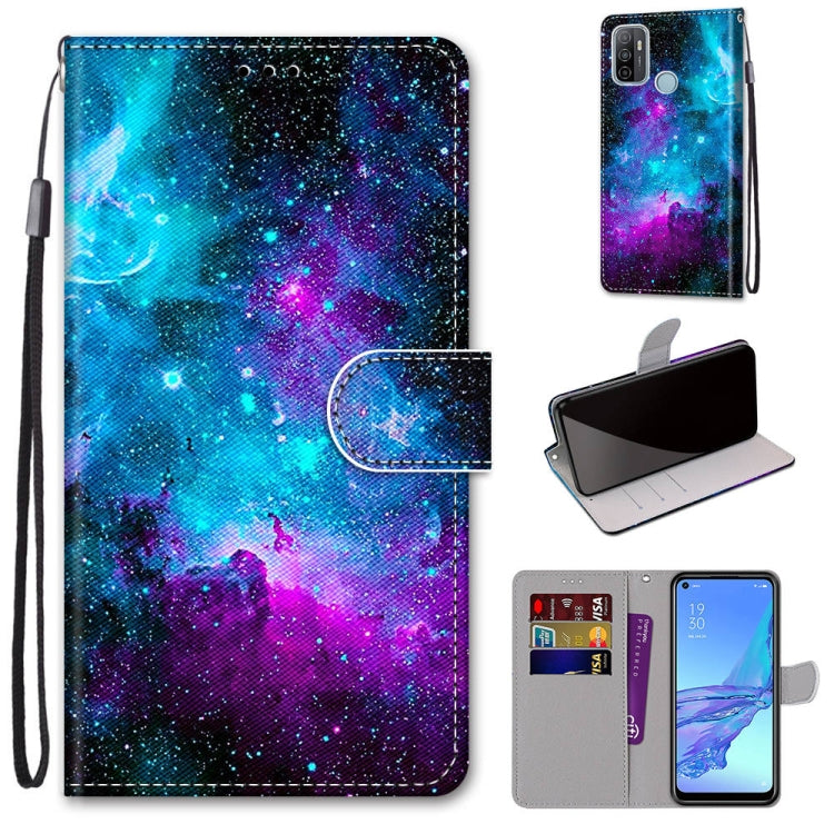 Galaxy blue and purple PU leather phone wallet case with card slots and wrist strap