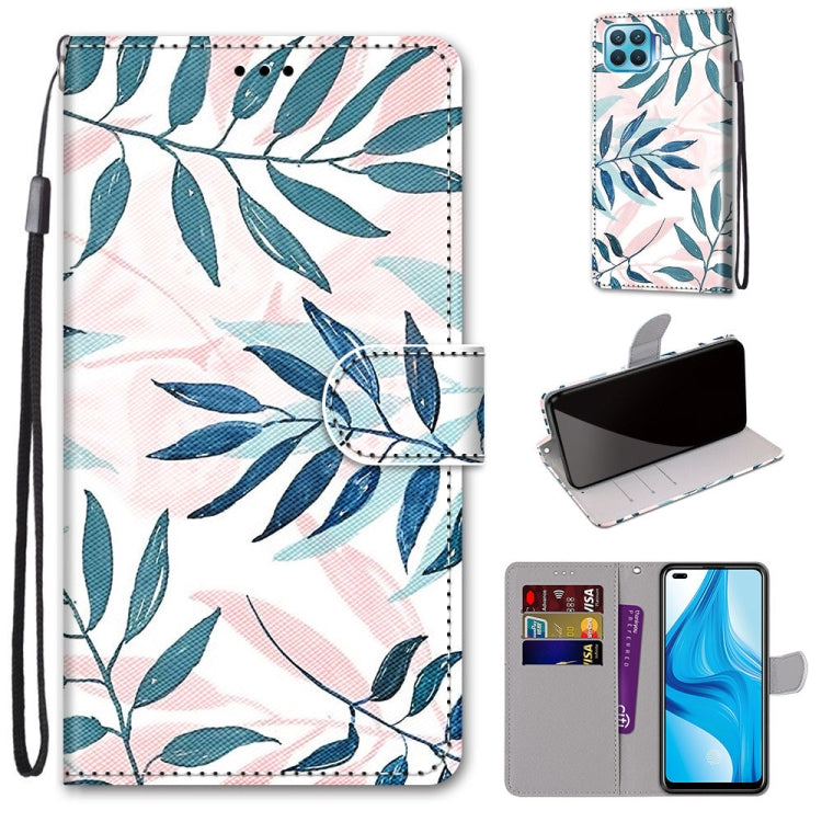 Phone wallet case with card slots and strap, teal leaf pattern, fold cover