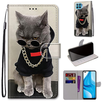 Phone wallet case with card slots and strap, gray cat wearing glasses, fold cover