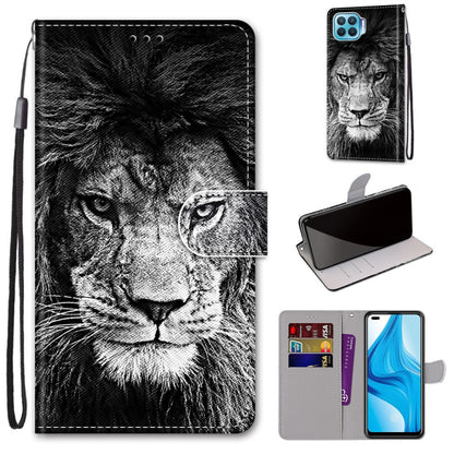 Phone wallet case with card slots and strap, black and white lion face design, fold cover