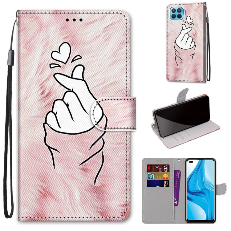 Phone wallet case with card slots and strap, pink hand hearts line art, fold cover
