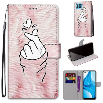 Phone wallet case with card slots and strap, pink hand hearts line art, fold cover