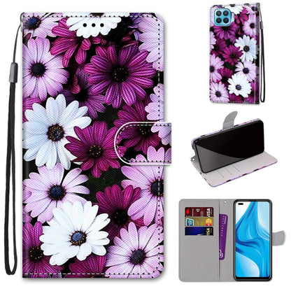 Phone wallet case with card slots and strap, purple and white daisy floral pattern, fold cover