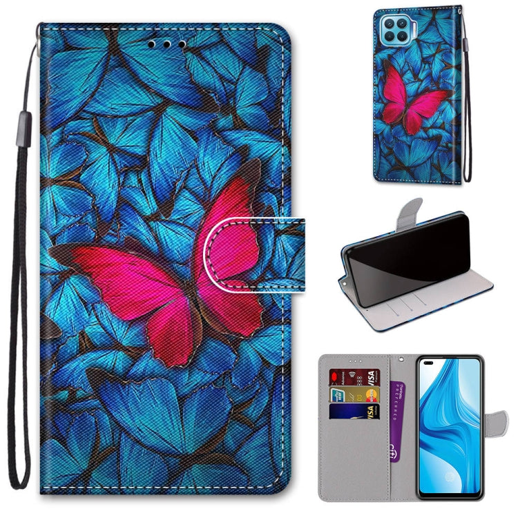Phone wallet case with card slots and strap, blue leaf and pink flower print, fold cover