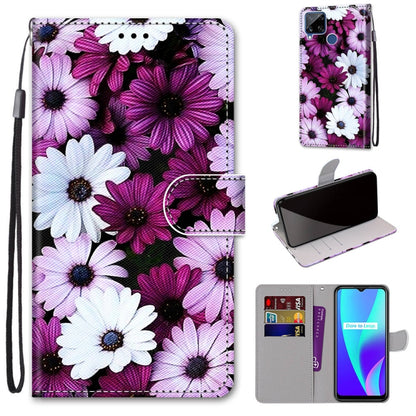 PU leather phone wallet case with purple and white daisy floral print, lanyard, card slots