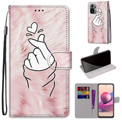 PU leather phone wallet case with card slots and lanyard, line-doodle hand hearts design.