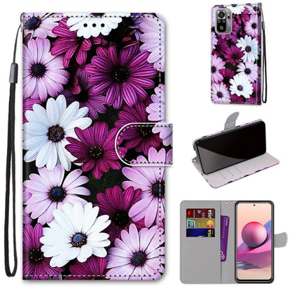 PU leather phone wallet case with card slots and lanyard, purple and white flower print.