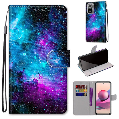 Galaxy blue and purple PU leather flip phone wallet case with card slots and lanyard