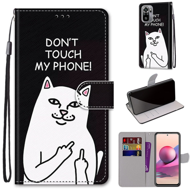 Black PU leather flip phone wallet case with cat graphic, card slots, and lanyard