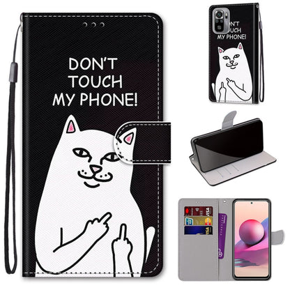 Black PU leather flip phone wallet case with cat graphic, card slots, and lanyard